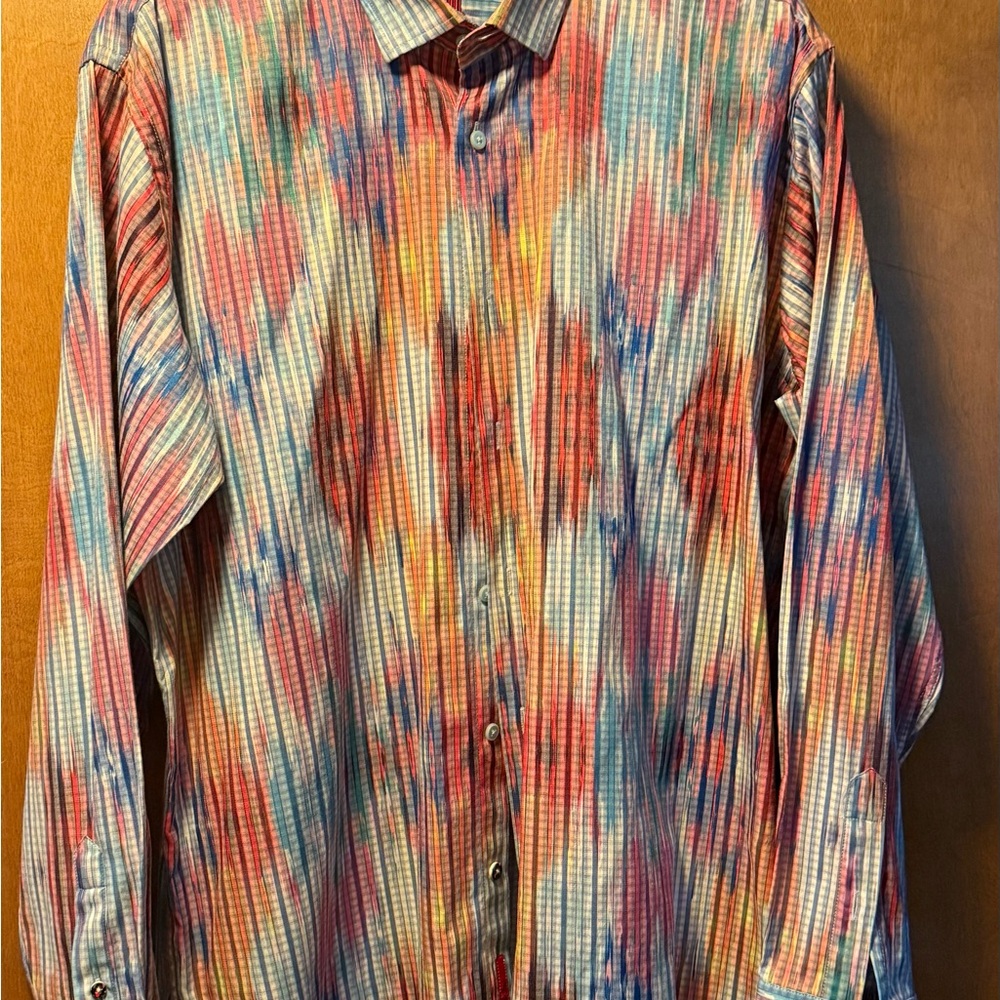 Red and Blue Casual Button Down Shirt with Artistic Stripes